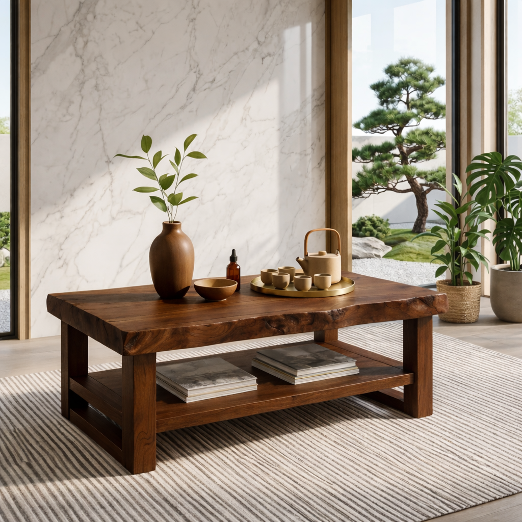 Rustic Solid Wood Coffee Table with Natural Finish and Lower Storage