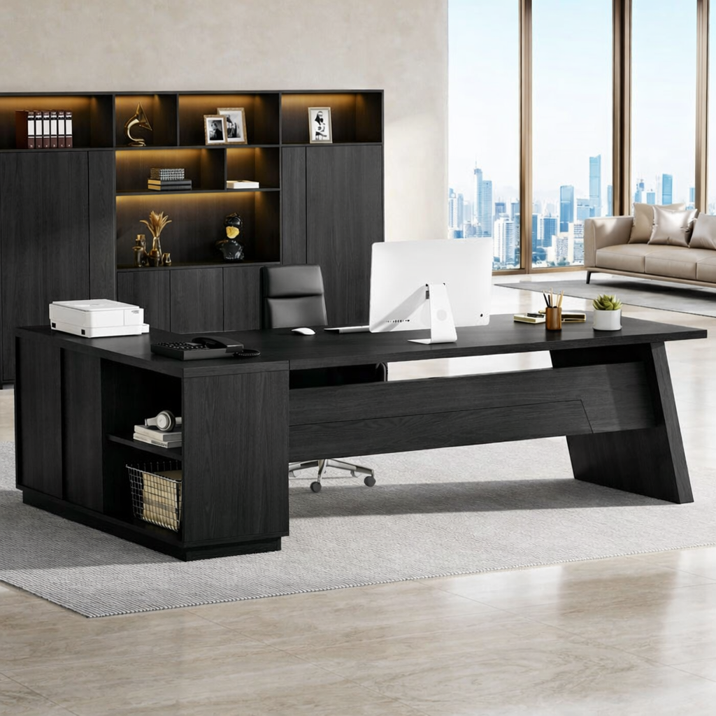 L Shaped Executive Desk with Storage, Modern Corner Office Table for Home Office Study