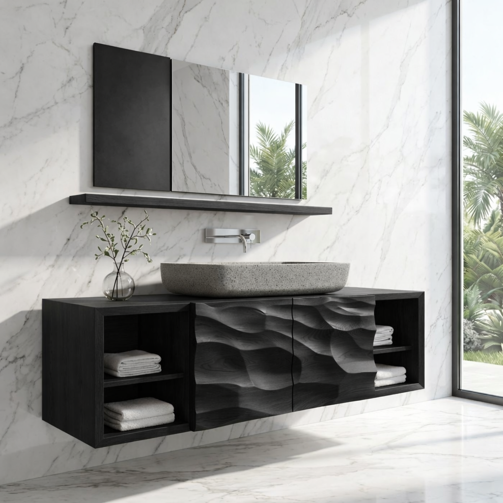 Modern Solid Wood Bathroom Vanity with Floating Storage and Sculpted Front Doors