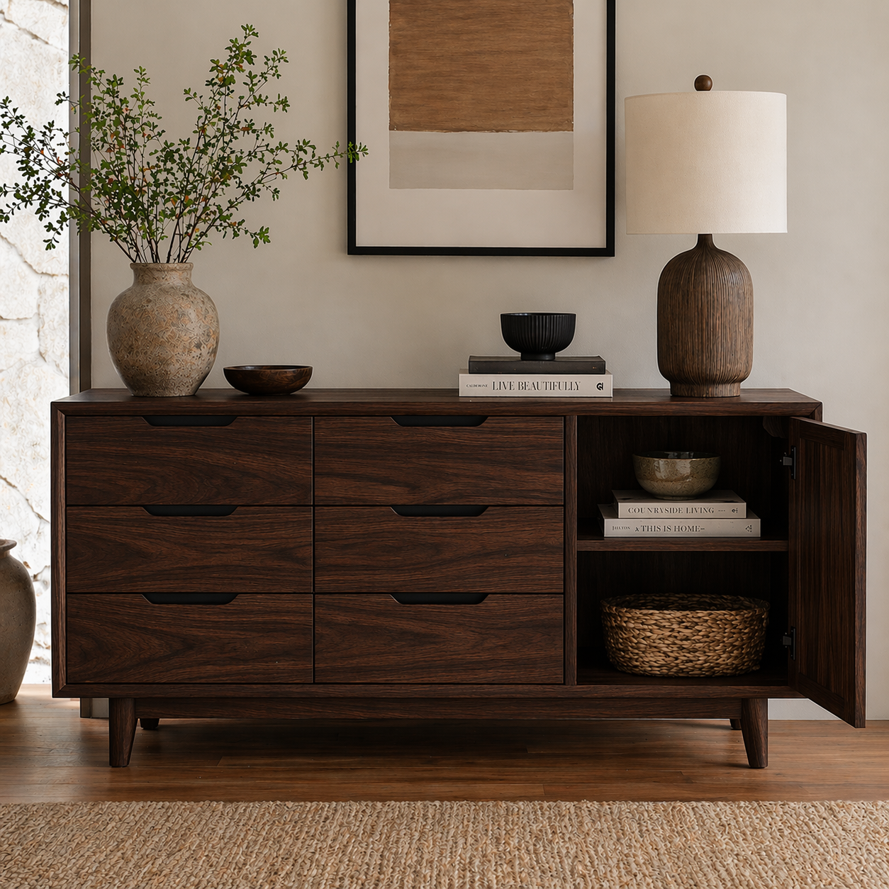Solid Wood Sideboard Cabinet with Drawers & Door Storage – Modern Rustic Design