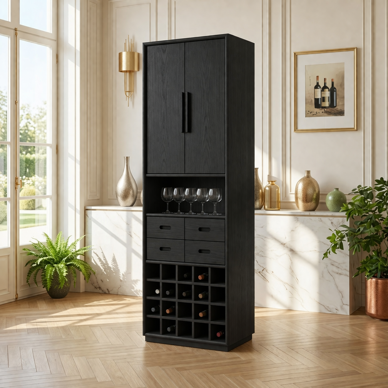 Modern Wine Cabinet with Glass Display, Drawers and Built-In Bottle Rack Storage
