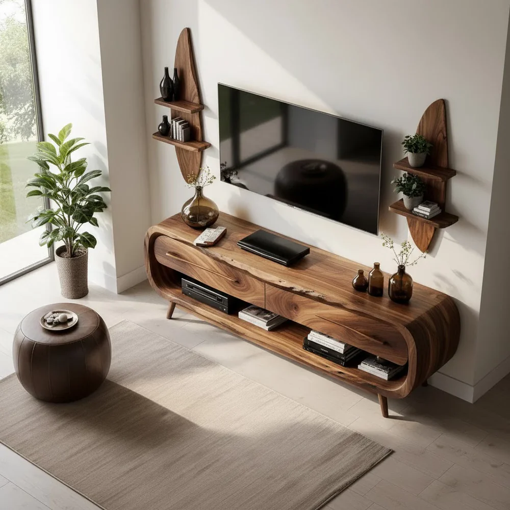 Solid Wood TV Stand Modern Walnut Media Console with Curved Design and Storage