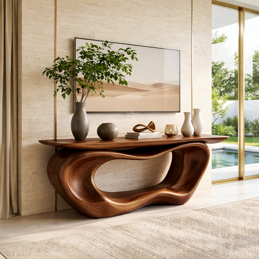 Solid Wood Console Table with Sculpted Base, Modern Minimalist Design