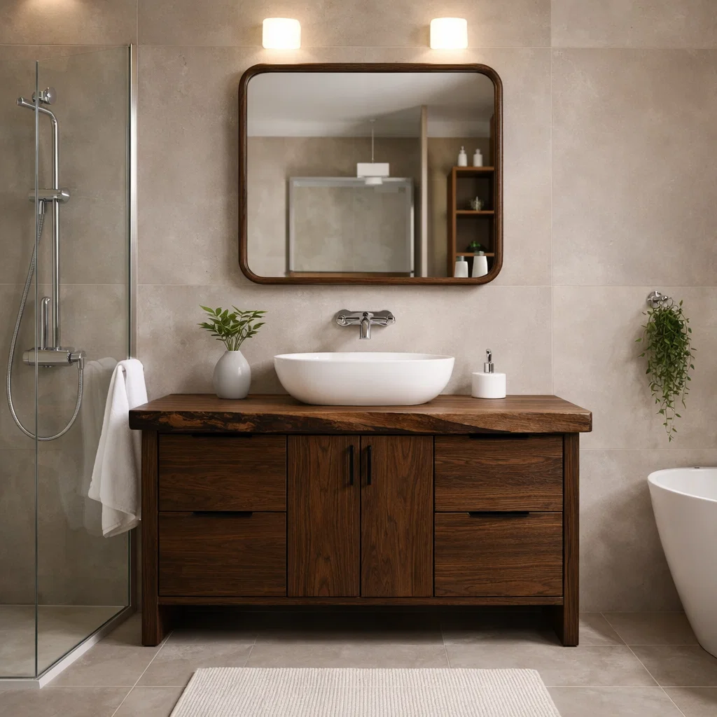 Solid Wood Bathroom Vanity Cabinet with Live Edge Top & Modern Sink Design