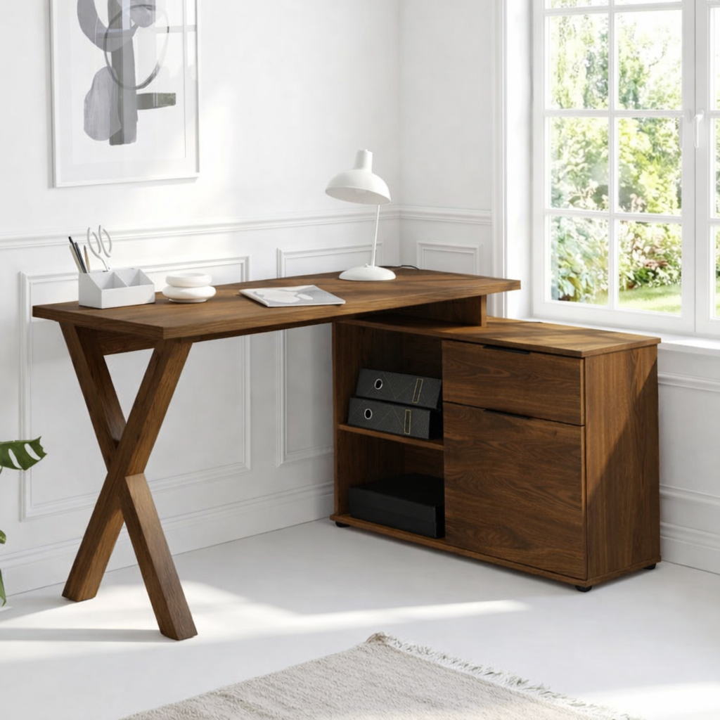 Modern Corner Desk with Storage Drawers and Open Shelf Home Office Work Table