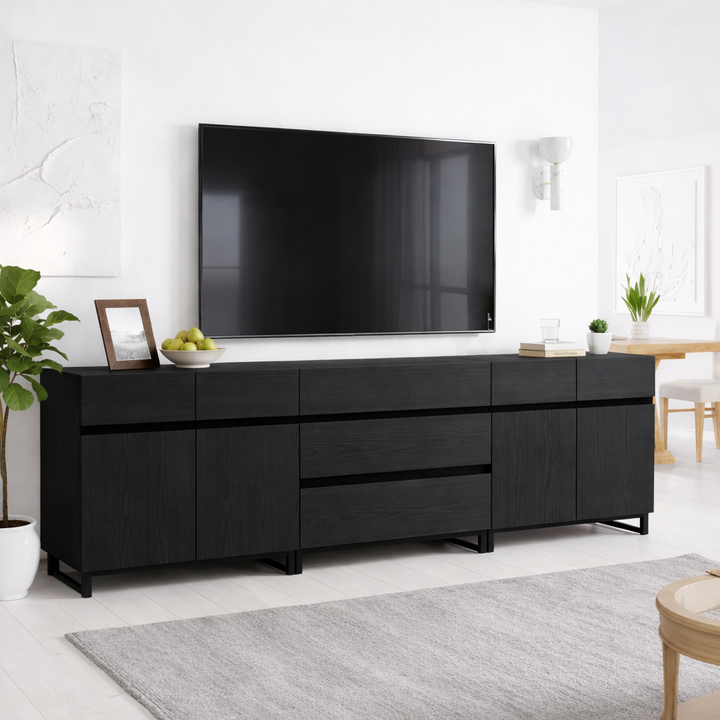 Modern Solid Wood TV Stand Long Media Console with Drawers Black Accent Lines