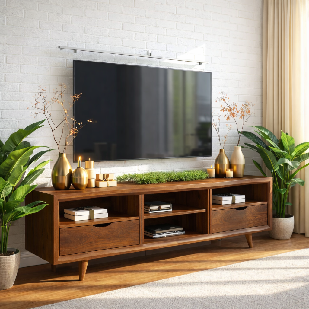 Mid Century TV Stand Solid Wood Media Console Modern Entertainment Center Cabinet