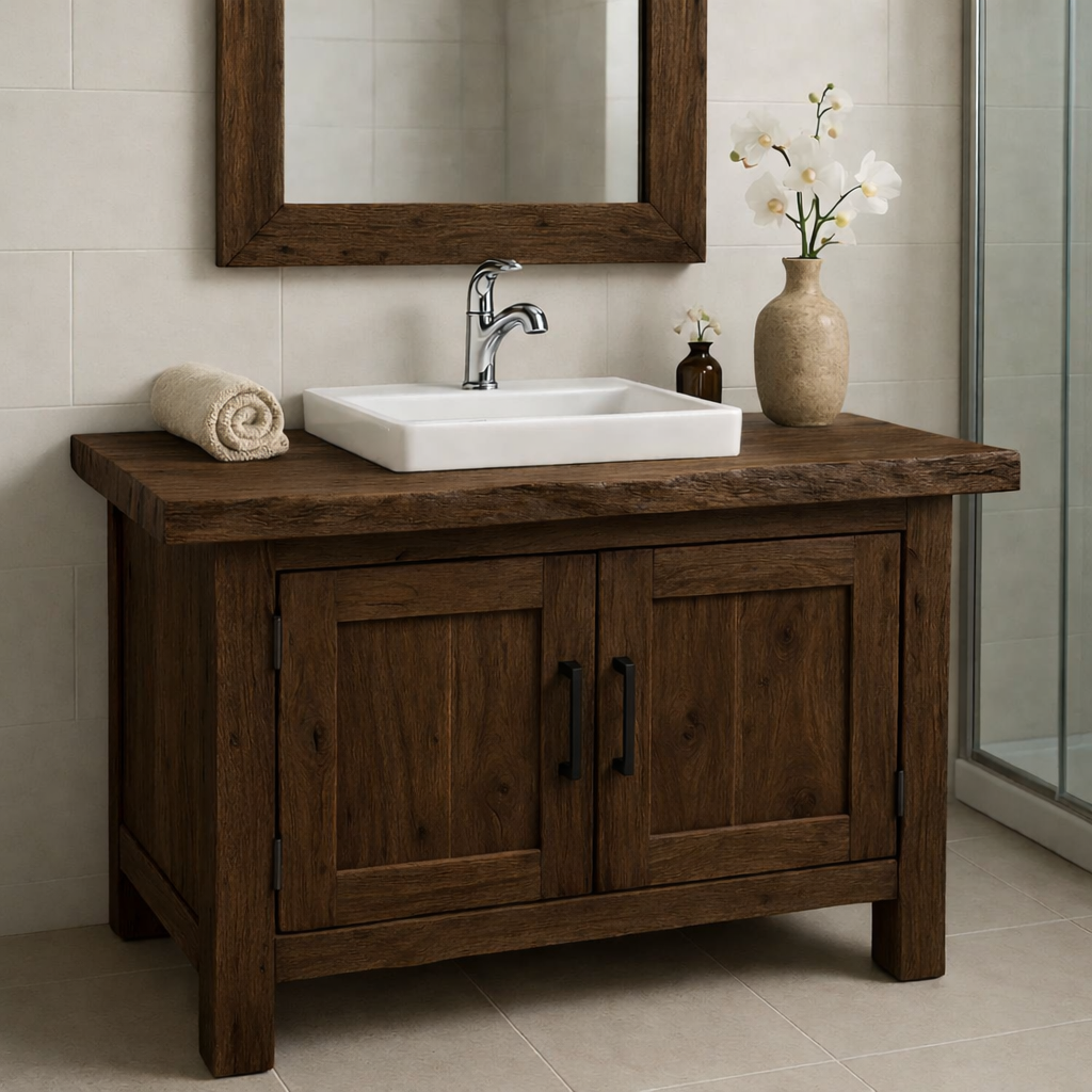 Rustic Wooden Bathroom Vanity with Square Sink and Storage Cabinets