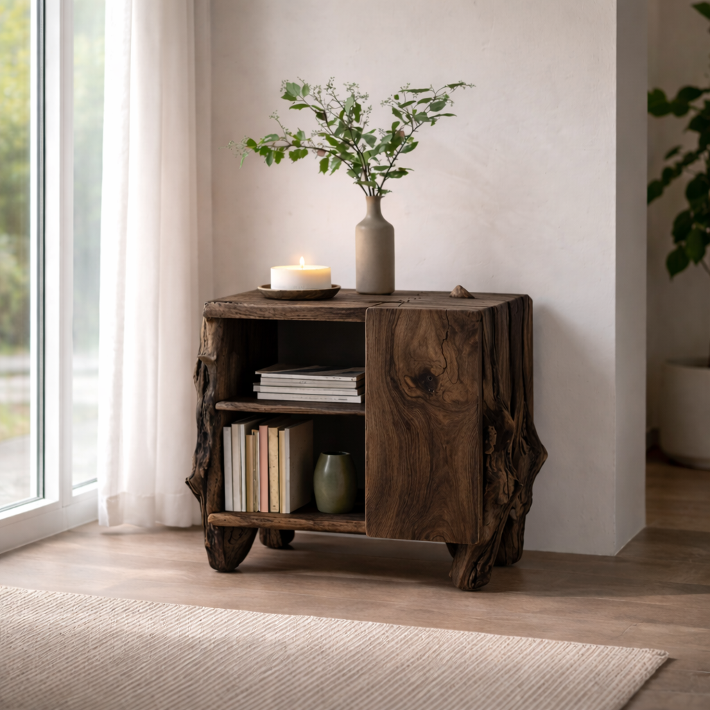 Rustic Solid Wood Nightstand with Shelf – Live Edge Bedside Table Storage