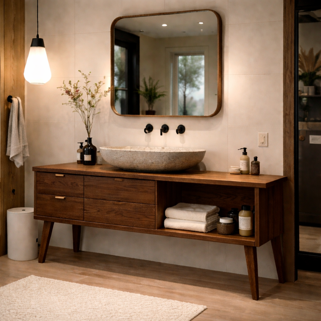 Solid Wood Bathroom Vanity with Drawers & Open Shelf β Modern Oak Vanity Cabinet