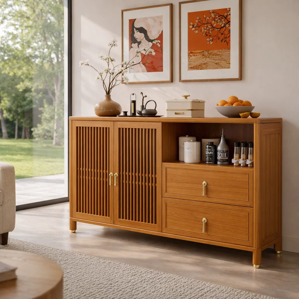 Solid Wood Console Sideboard with Drawer – Modern Walnut Storage Cabinet