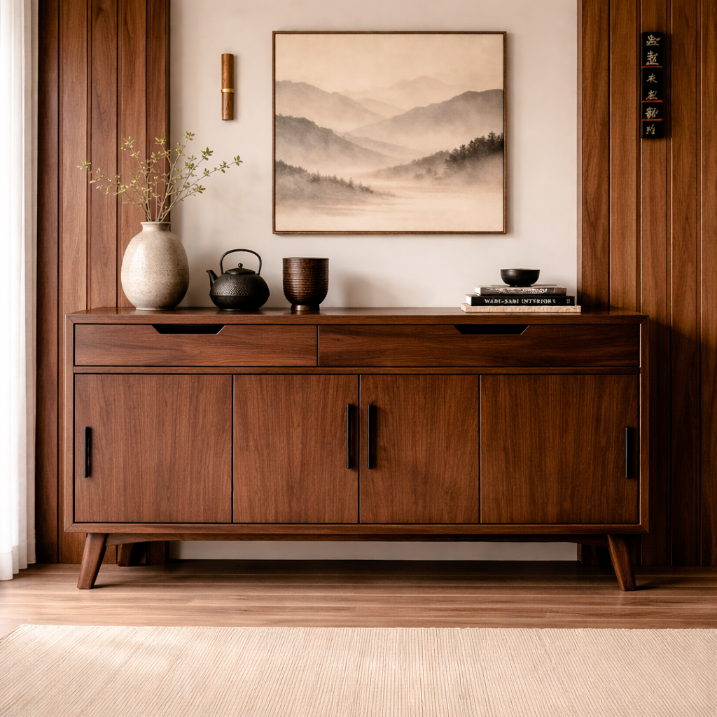 Mid-Century Solid Wood Console Cabinet with 2 Drawers and 4 Doors Storage
