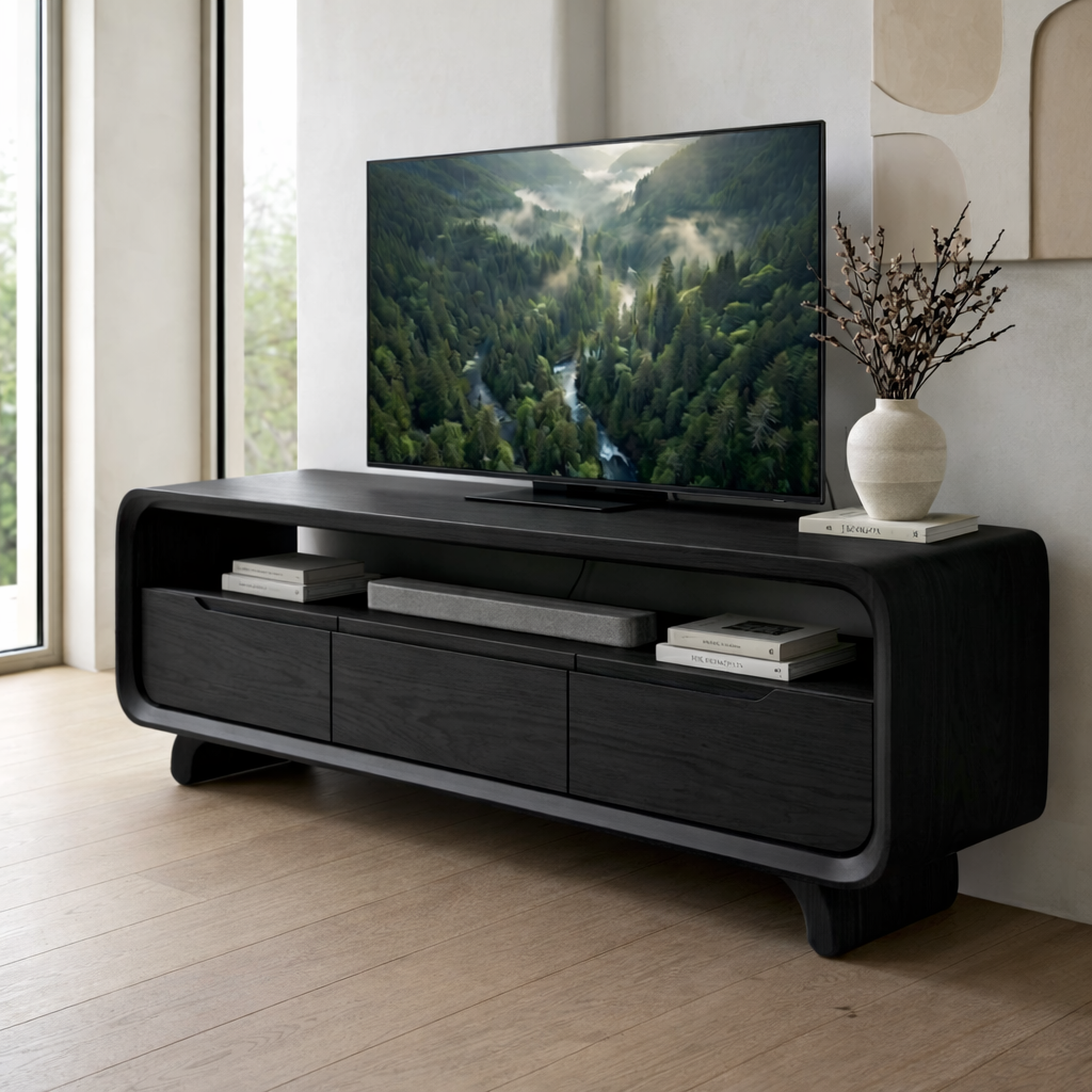 Solid Wood Media Console with Curved Edges – Modern TV Stand with Storage
