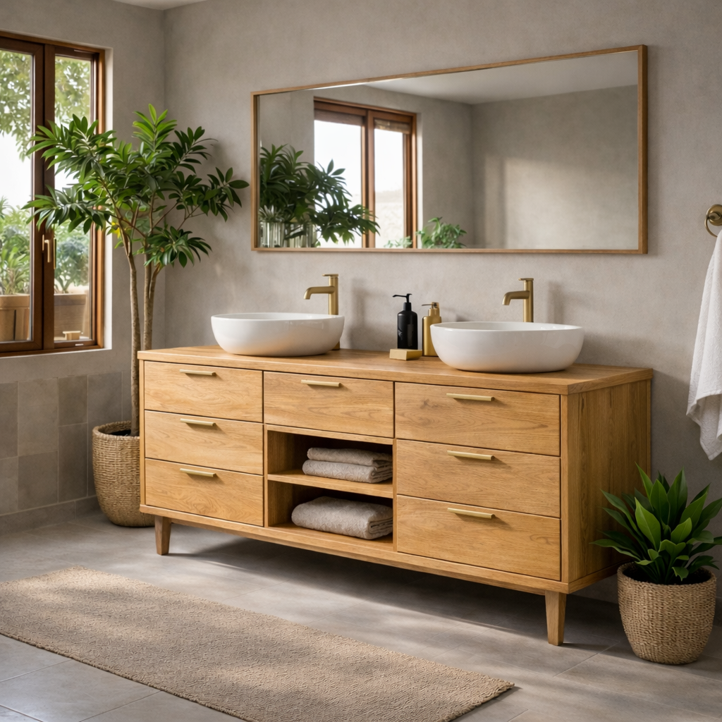 Solid Wood Double Bathroom Vanity with Drawers and Center Open Shelf Storage