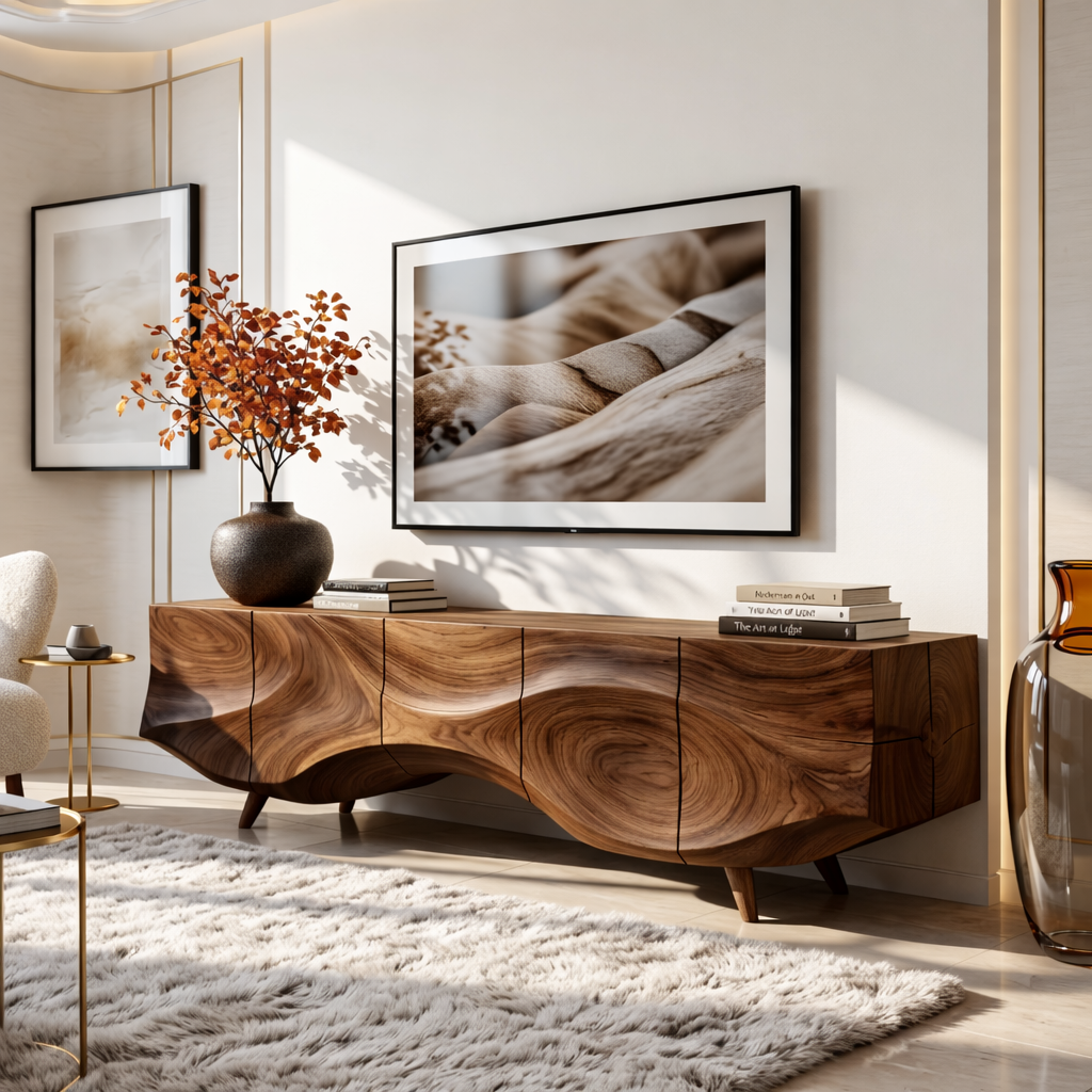 Solid Wood TV Stand, Sculpted-Wave Modern Media Console Cabinet for Living Room