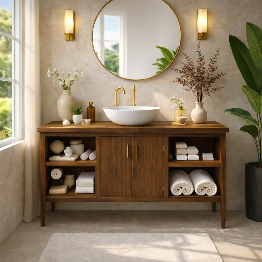 Sleek Wooden Bathroom Vanity with Open Shelving and Storage