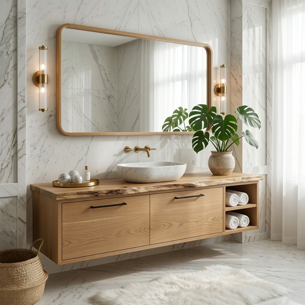 Floating Vanity with Natural Walnut Wood, Modern Sink, and Open Shelf Storage