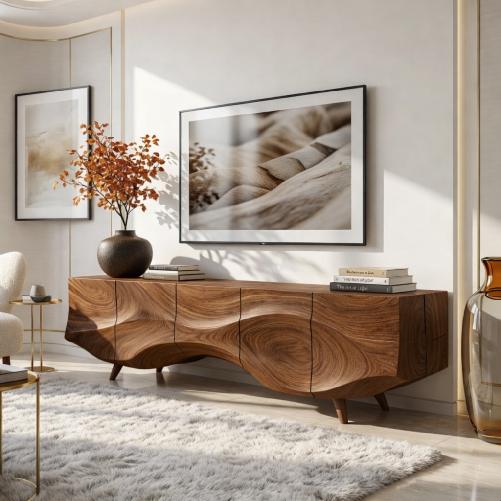 Solid Wood TV Stand, Sculpted-Wave Modern Media Console Cabinet for Living Room