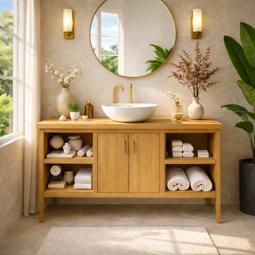 Sleek Wooden Bathroom Vanity with Open Shelving and Storage