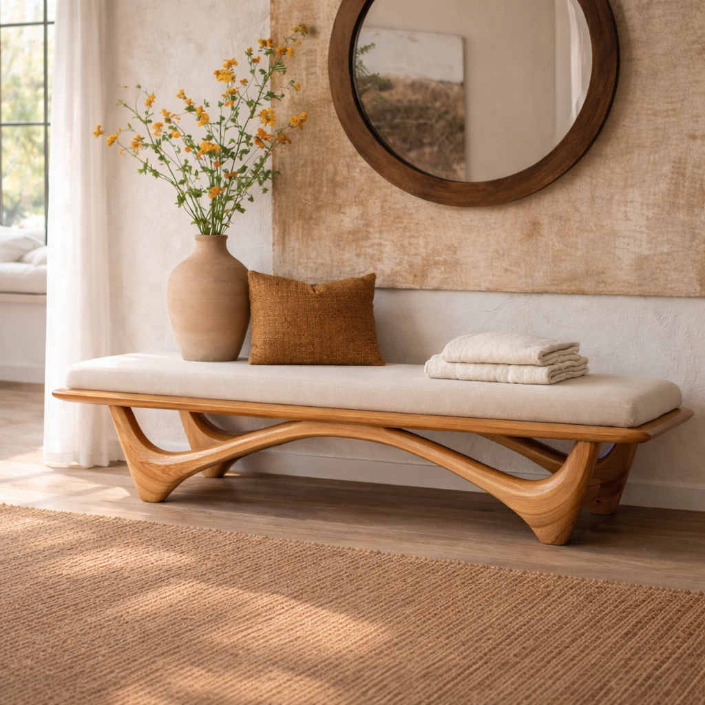 Solid Wood Entryway Bench with Curved Base, Modern Rustic Hallway Seating