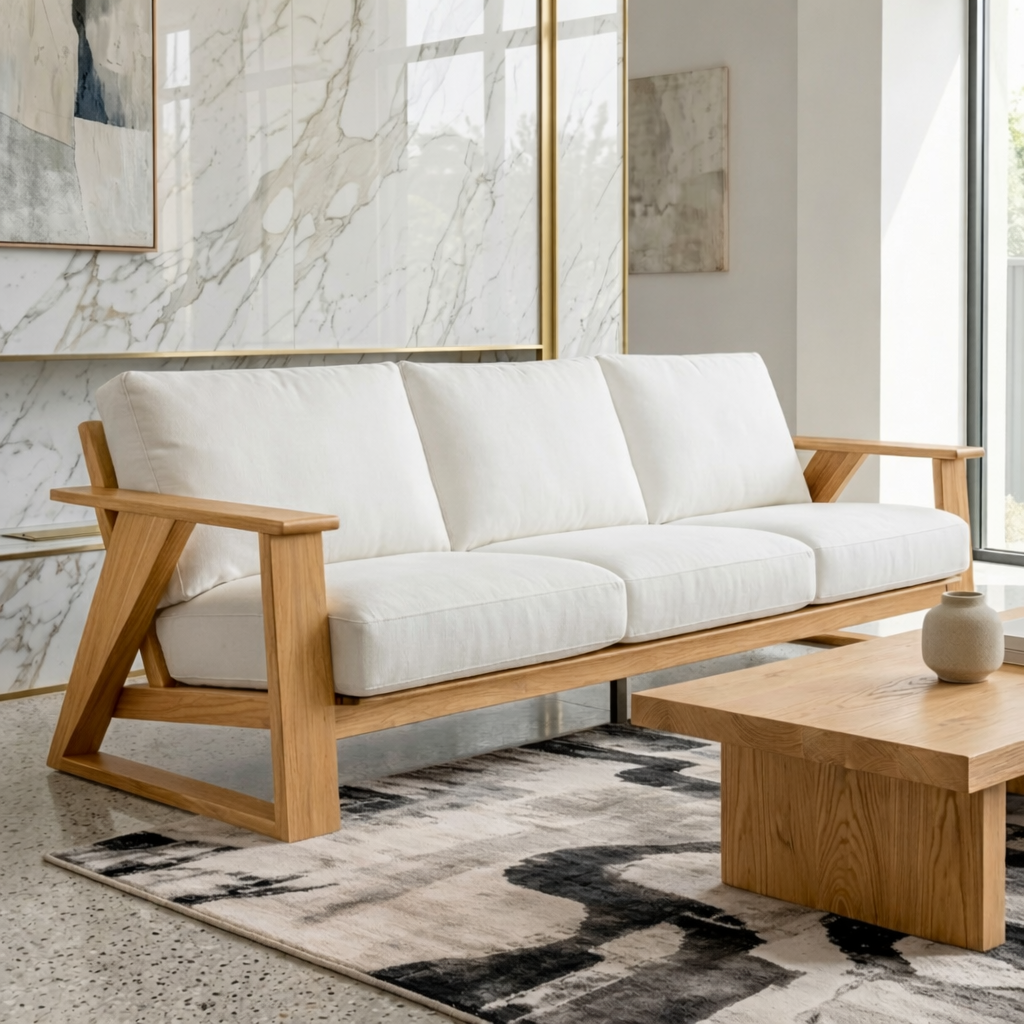 Modern Geometric Solid Wood Sofa with White Linen Cushions Mid Century Living Couch