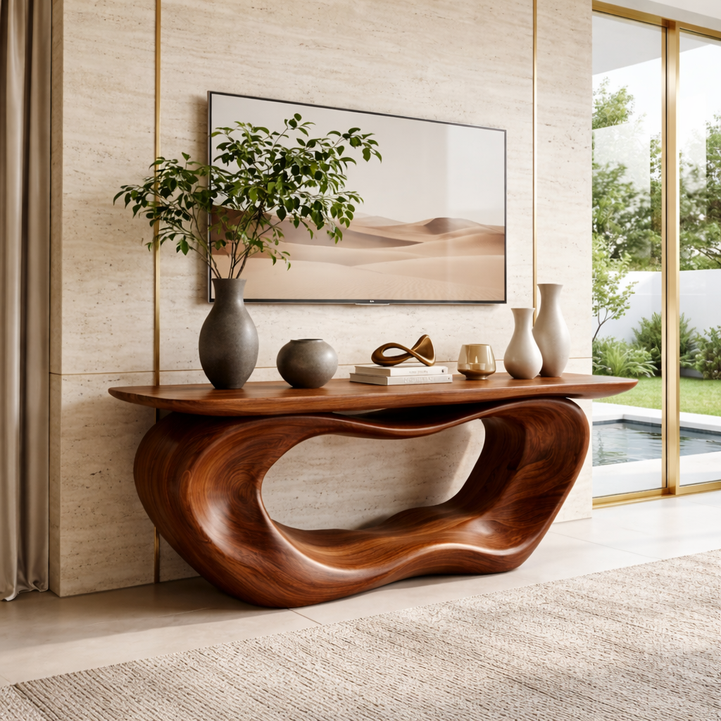 Solid Wood Console Table with Sculpted Base, Modern Minimalist Design