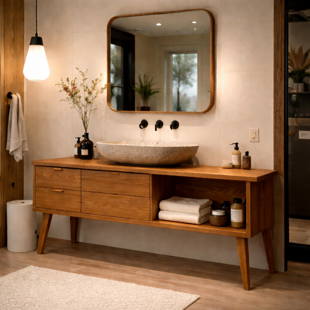Solid Wood Bathroom Vanity with Drawers & Open Shelf β Modern Oak Vanity Cabinet