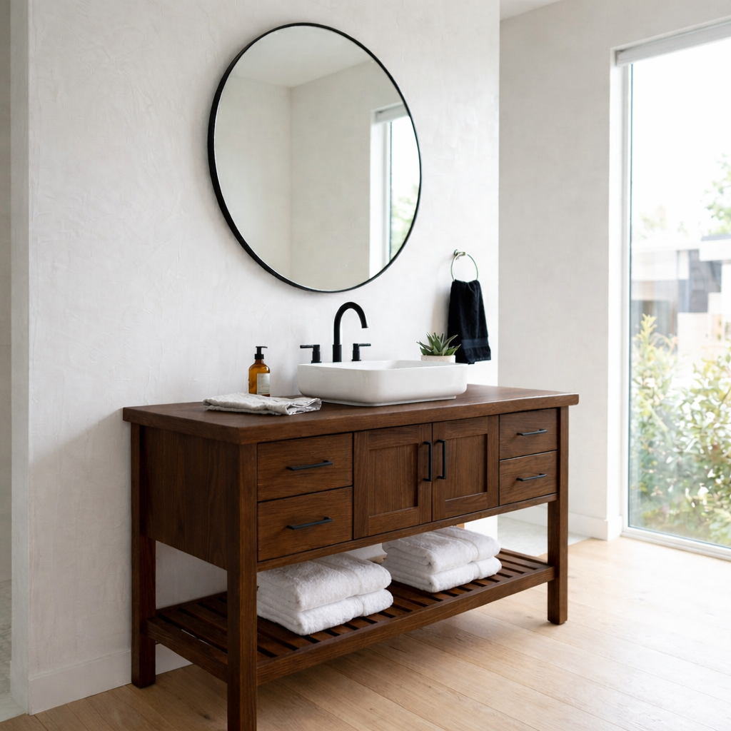 Solid Wood Bathroom Vanity Cabinet Single Sink Base with Drawers Open Shelf