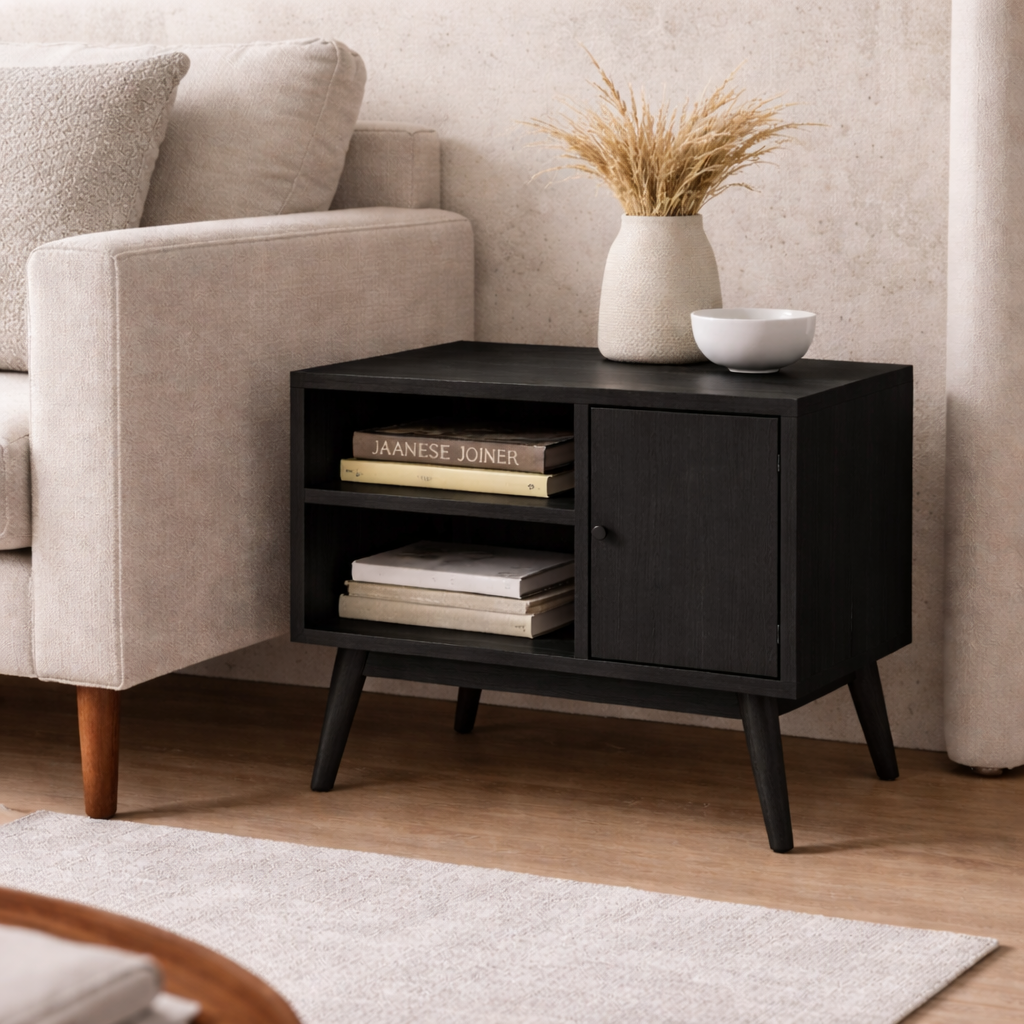 Solid Wood End Table with Door and Open Shelf – Mid Century Modern Side Table