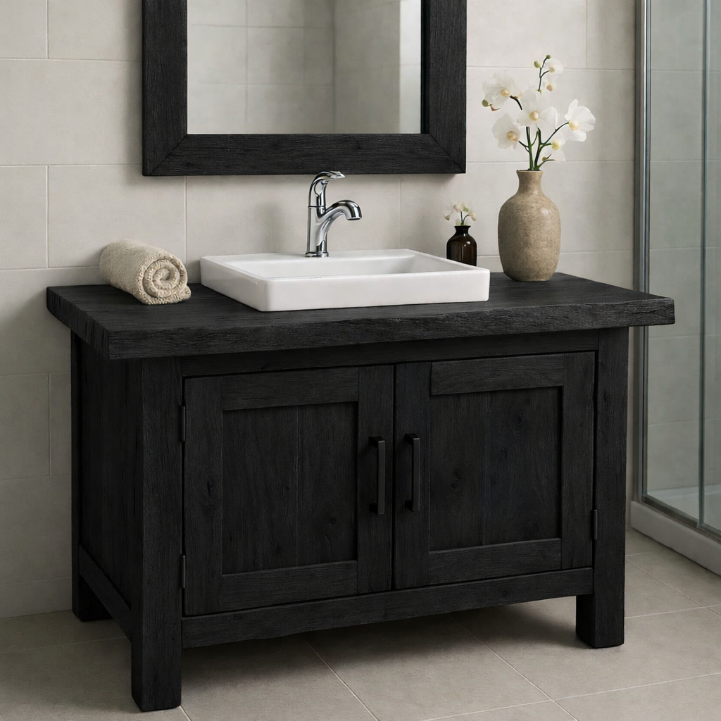 Rustic Wooden Bathroom Vanity with Square Sink and Storage Cabinets