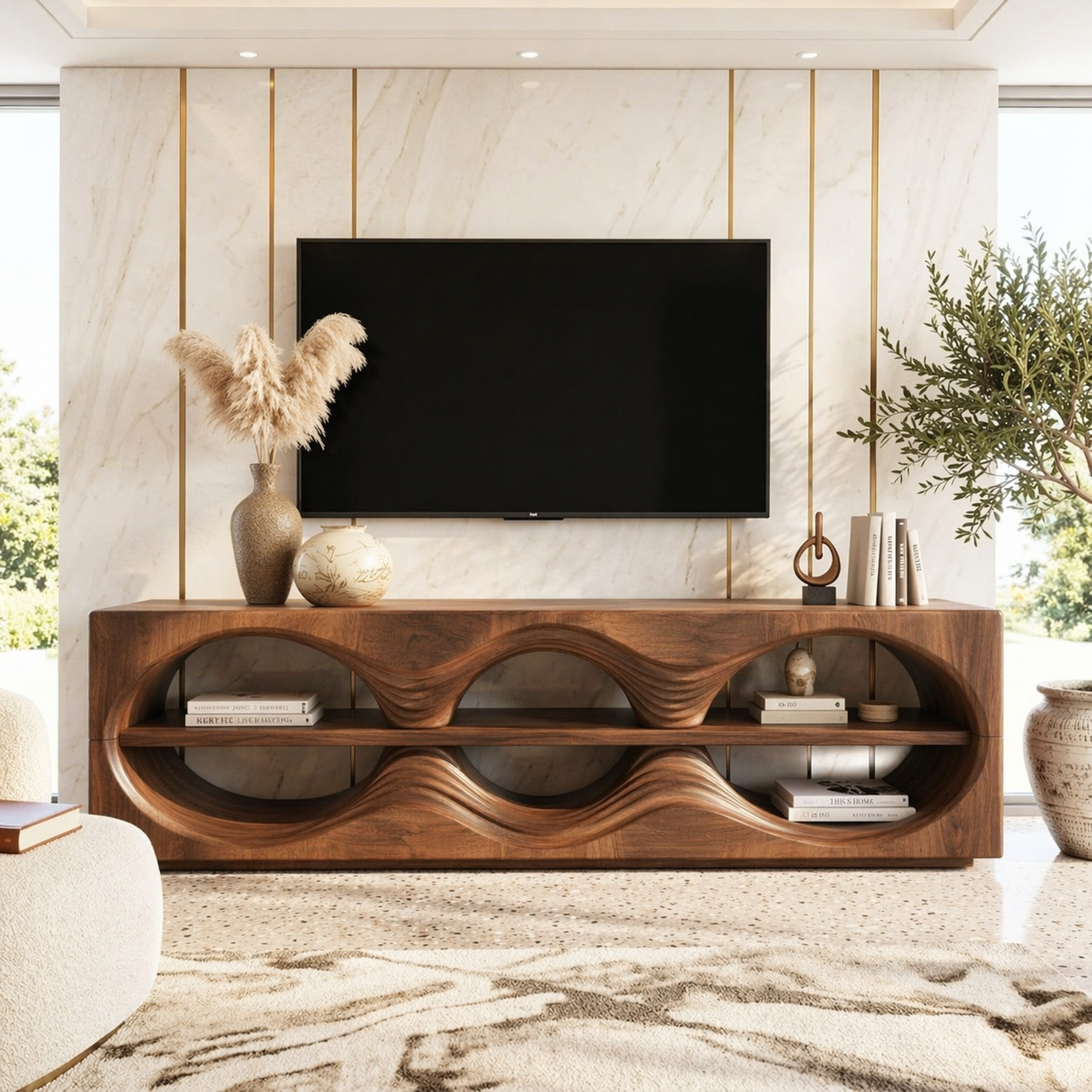Sculptural Wave TV Console, Modern Entertainment Stand for Elegant Home Interiors