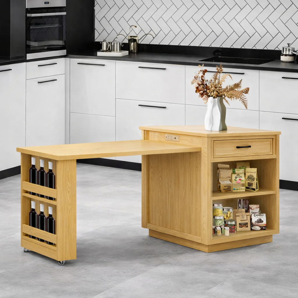Rolling Kitchen Island with Extendable Table, Storage Cabinet, Modern Prep Station for Dining Space