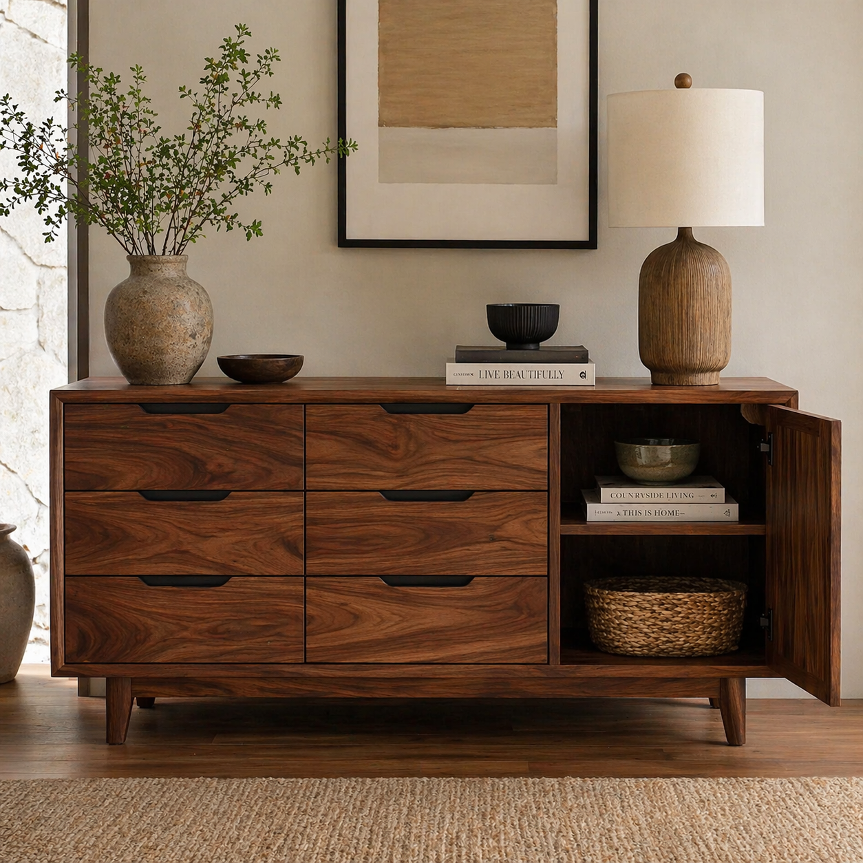 Solid Wood Sideboard Cabinet with Drawers & Door Storage – Modern Rustic Design