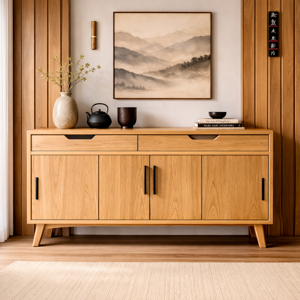 Mid-Century Solid Wood Console Cabinet with 2 Drawers and 4 Doors Storage