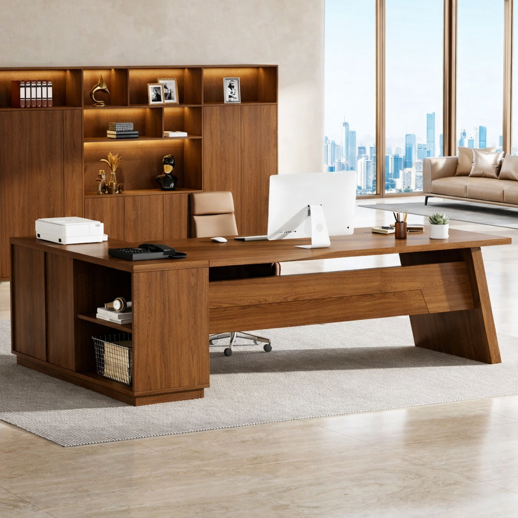 L Shaped Executive Desk with Storage, Modern Corner Office Table for Home Office Study