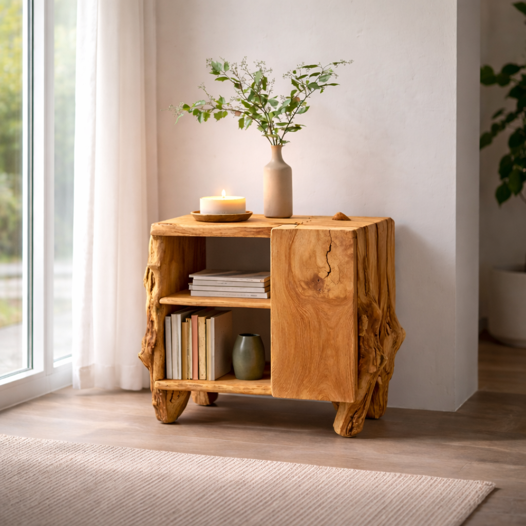Rustic Solid Wood Nightstand with Shelf – Live Edge Bedside Table Storage