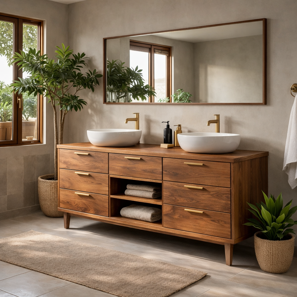Solid Wood Double Bathroom Vanity with Drawers and Center Open Shelf Storage