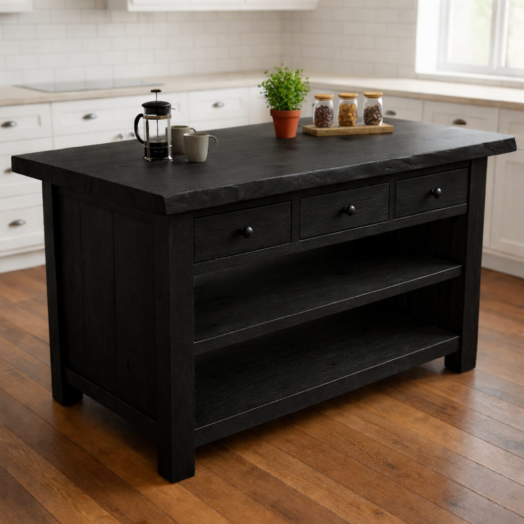 Rustic Farmhouse Kitchen Island: Solid Wood Prep Station with 3 Drawers