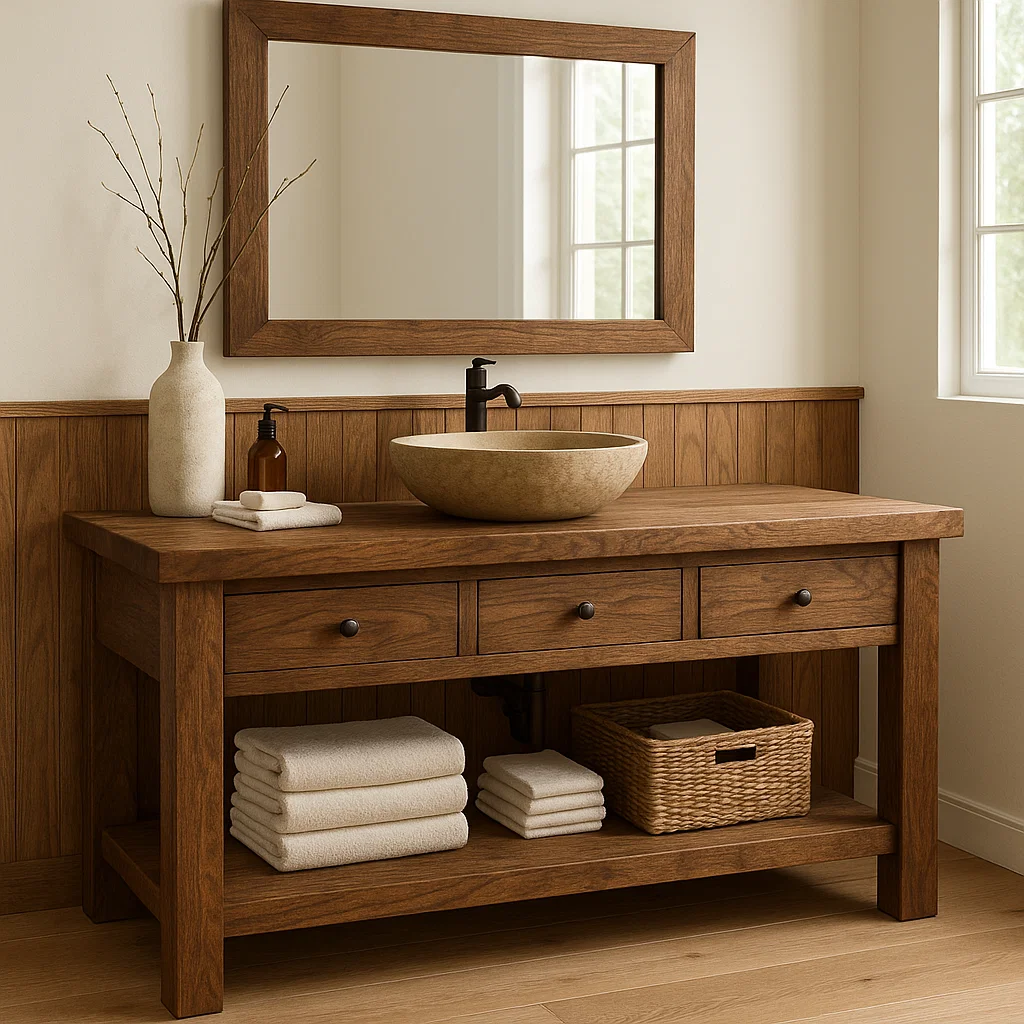 Solid Wood Bathroom Vanity with Drawers and Open Shelf Rustic Single Sink Vanity