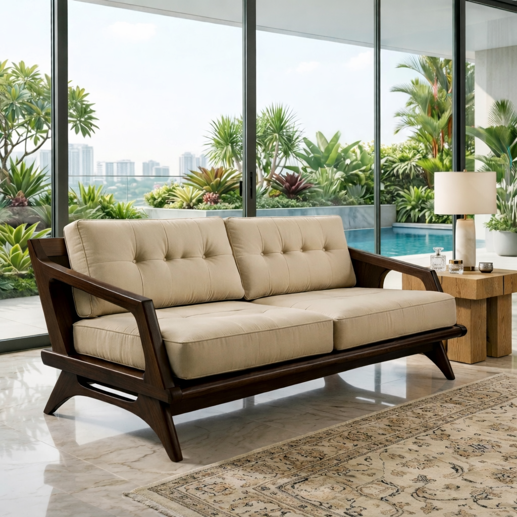 Mid Century Solid Wood Sofa with Beige Tufted Cushions Modern Loveseat Couch
