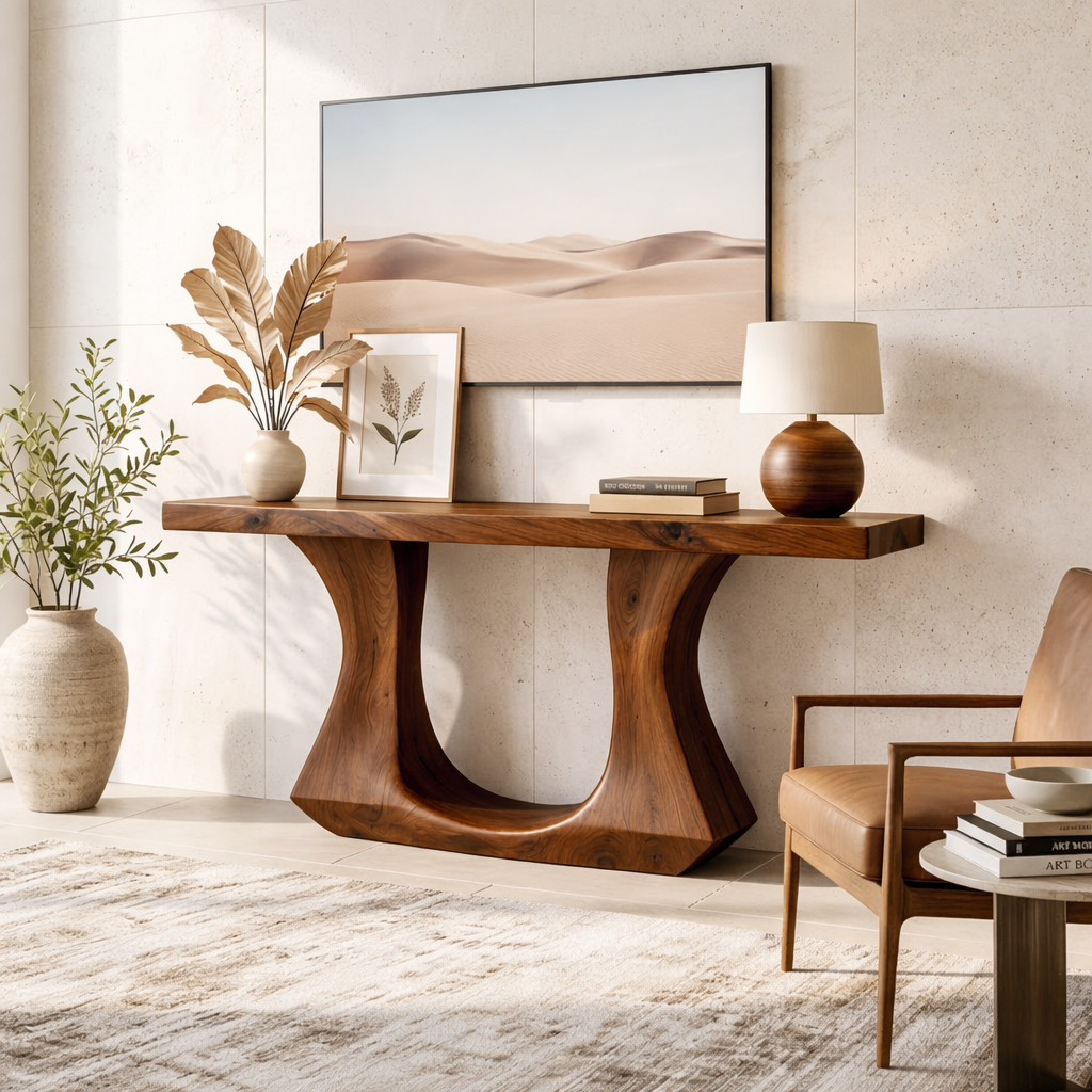 Solid Wood Console Table with Sculptural Curved Base, Modern Art Design