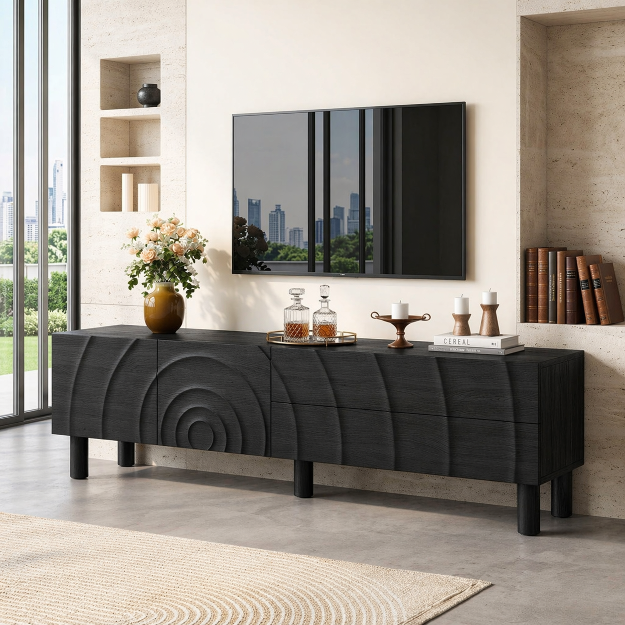 Modern Carved TV Console, Sculptural Entertainment Cabinet for Elegant Interiors