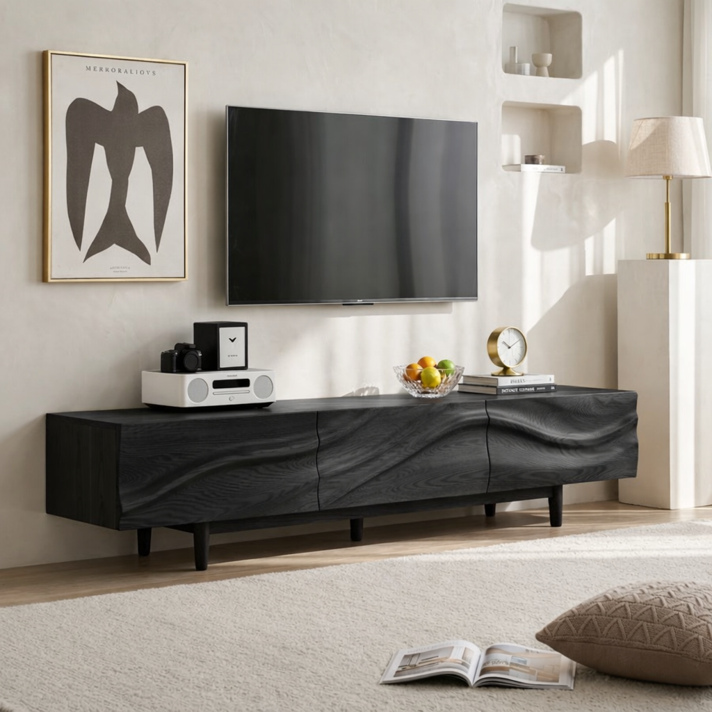 Solid Wood TV Stand with Wave Front, Modern Media Console Cabinet