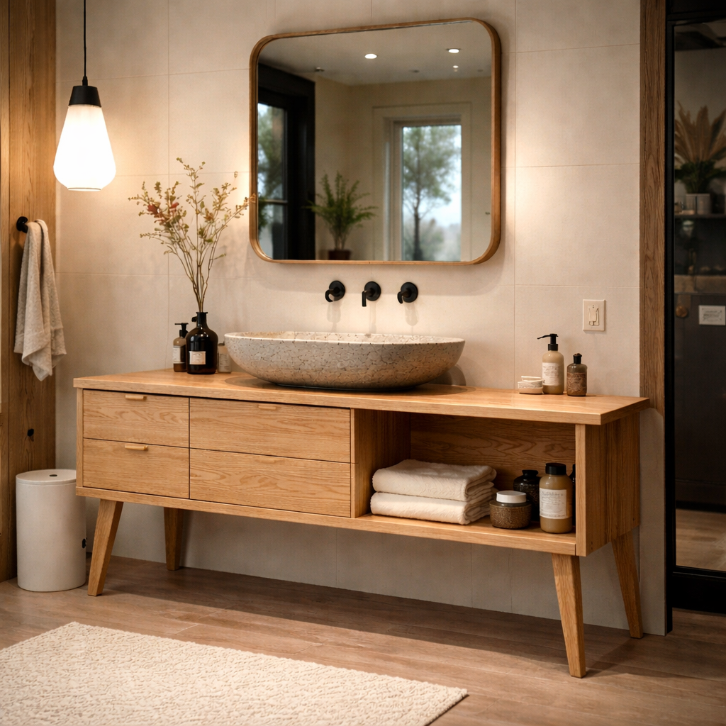 Solid Wood Bathroom Vanity with Drawers & Open Shelf β Modern Oak Vanity Cabinet