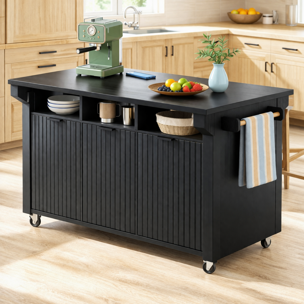Rolling Kitchen Island with Storage Cabinet, Towel Rack, Modern Prep Cart for Kitchen Dining Space
