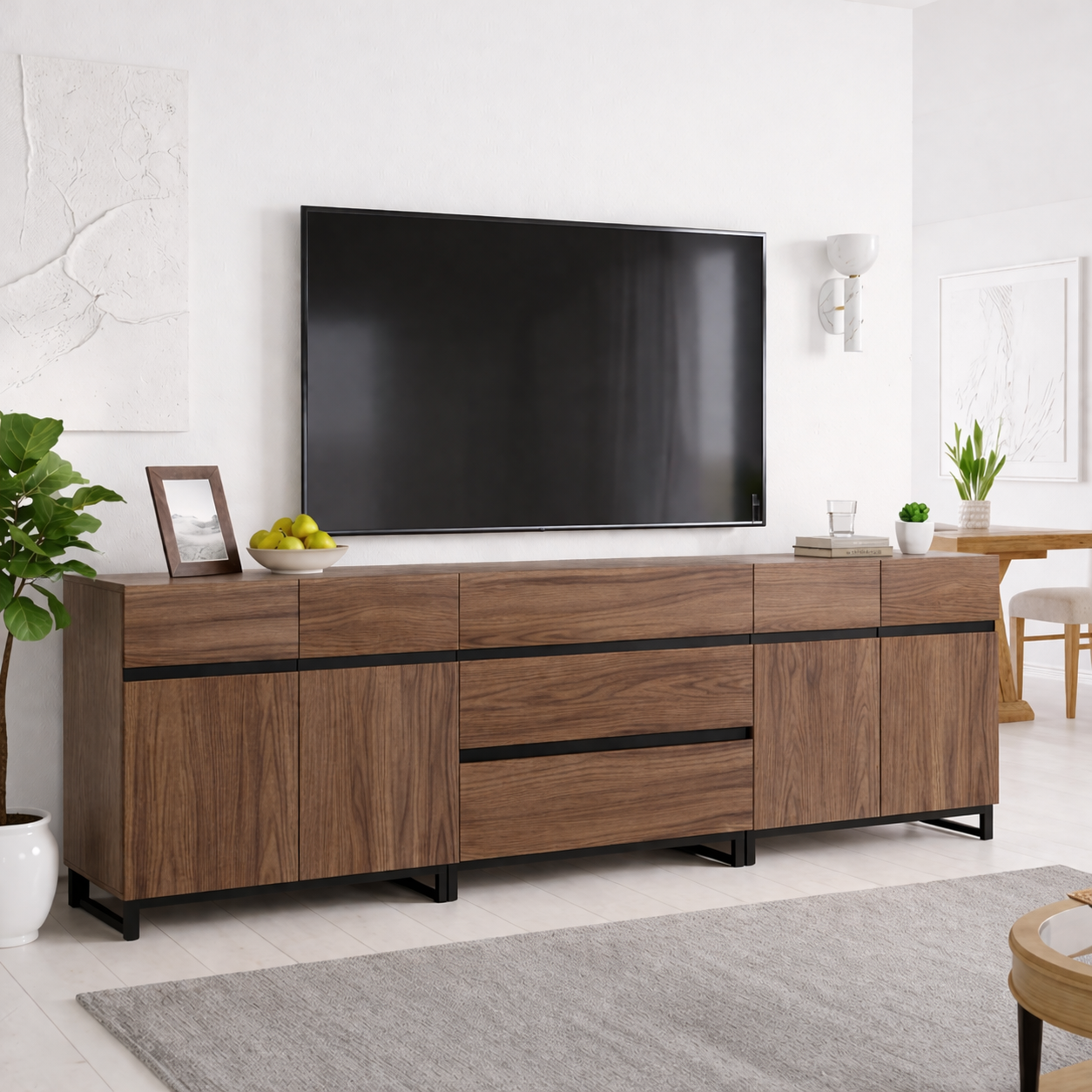 Modern Solid Wood TV Stand Long Media Console with Drawers Black Accent Lines