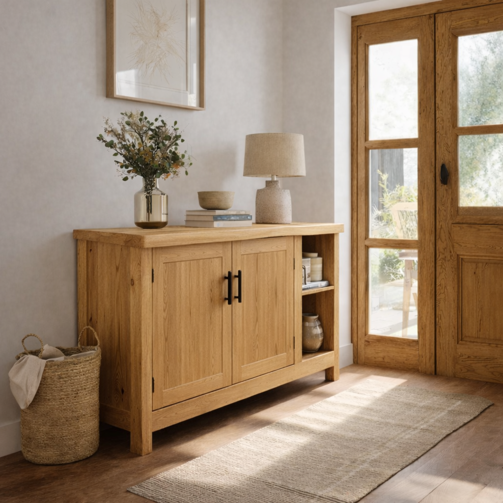 Solid Wood Console Table with Storage Doors – Rustic Entryway Cabinet