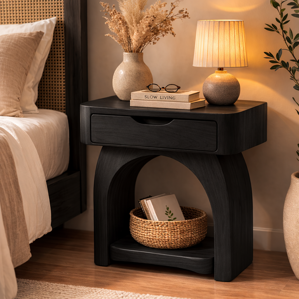Solid Wood Nightstand with Drawer and Shelf – Modern Bedside Table for Bedroom