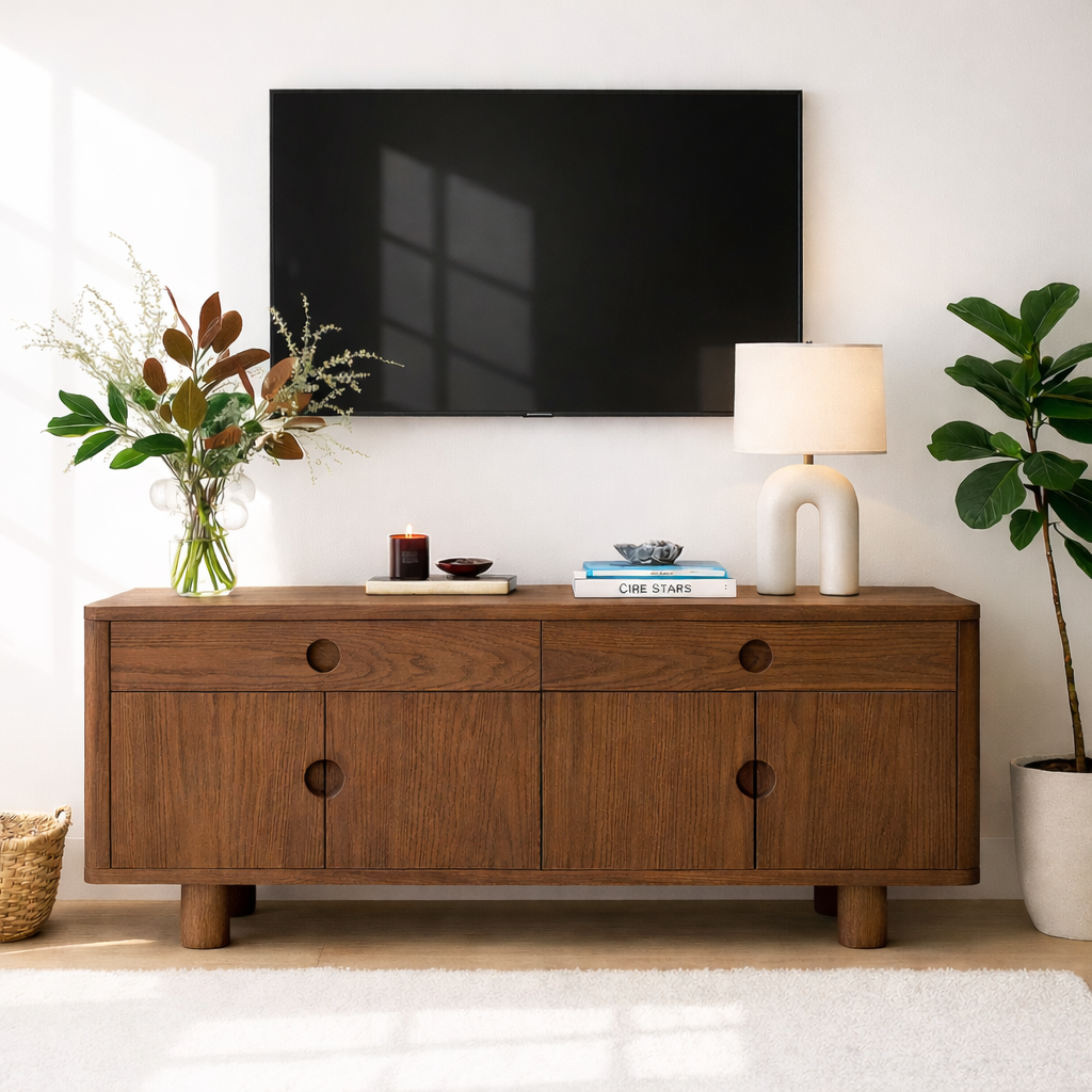 Minimalist Wood TV Stand With Cabinet Doors Long Media Console Modern Entertainment Center