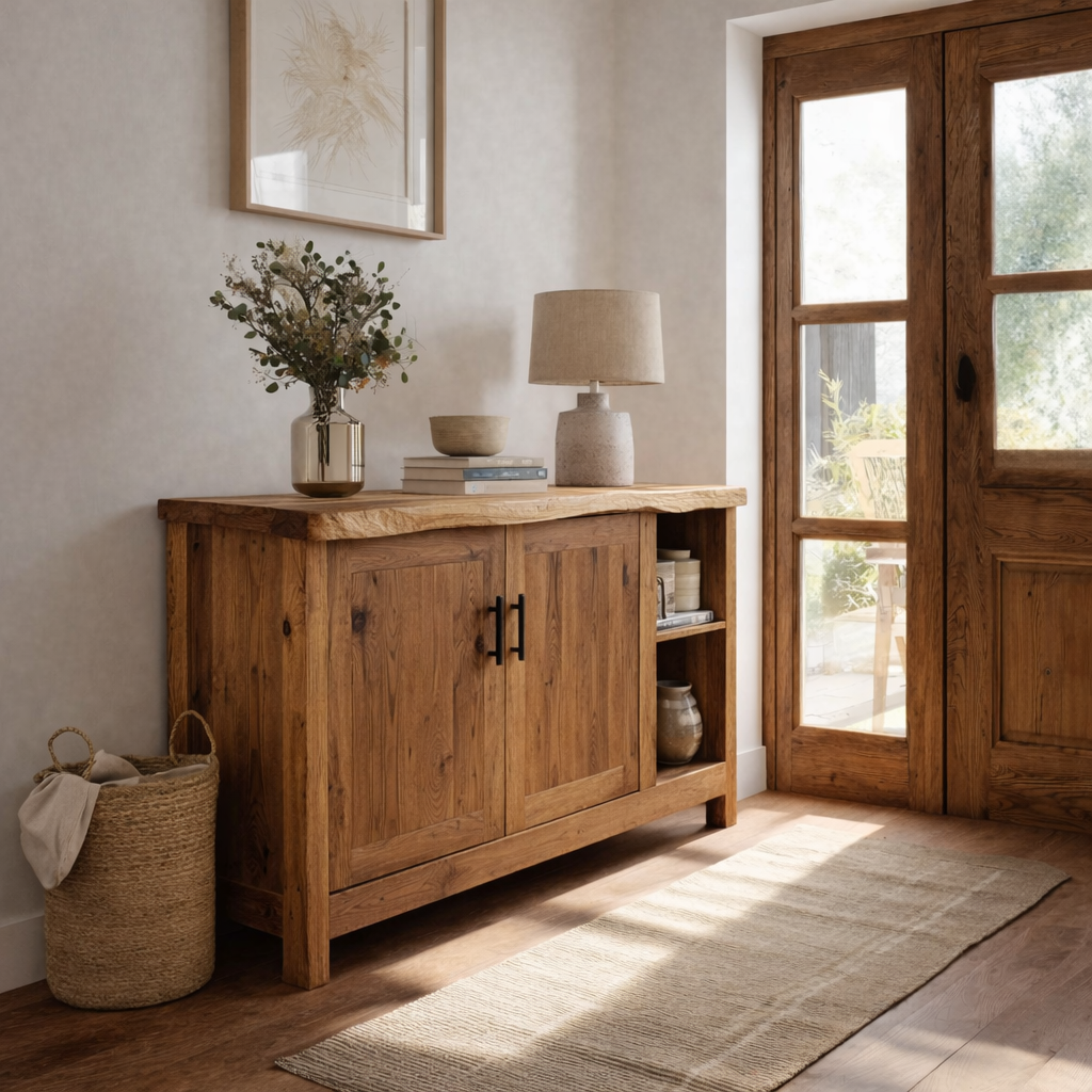 Solid Wood Console Table with Storage Doors – Rustic Entryway Cabinet